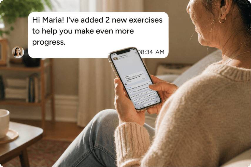 A woman sits on a couch holding a smartphone, reading a message that says, Hi Maria! Ive added 2 new exercises to help you make even more progress.