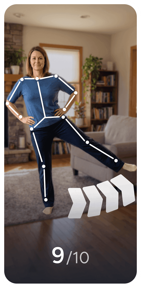 Person performing a guided exercise at home while a mobile progress screen shows step 9 of 10.