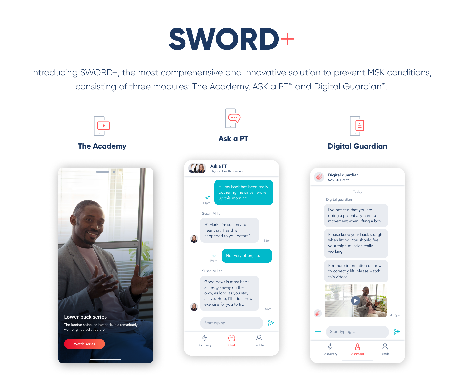 Introducing SWORD+, the most comprehensive and innovative solution to prevent MSK conditions, including The Academy, ASK a PT, and Digital Guardian