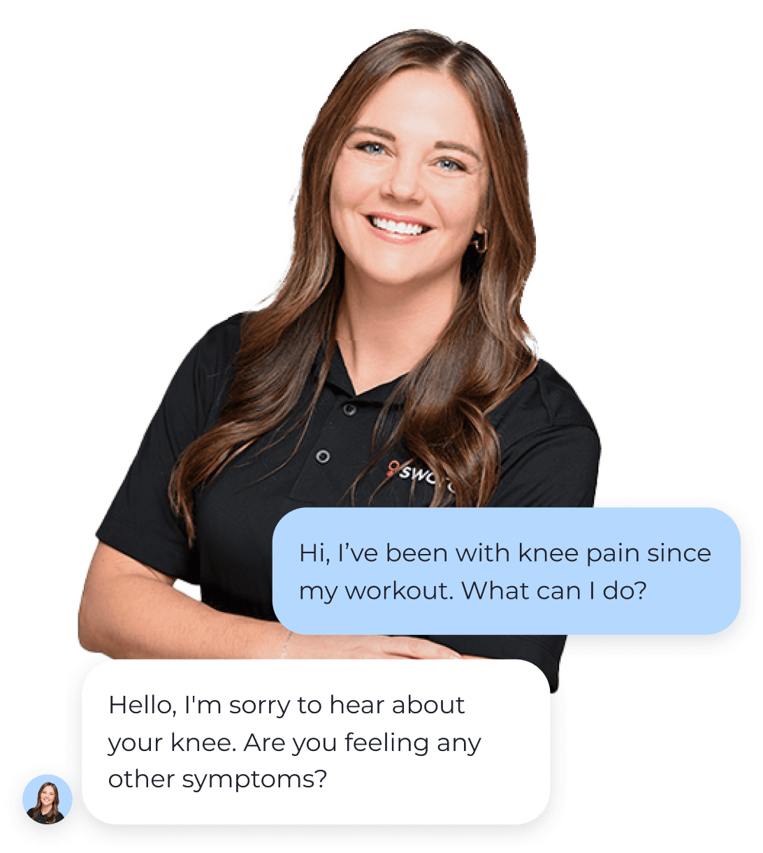 Sword specialist providing in-app support through a chat about knee pain symptoms.