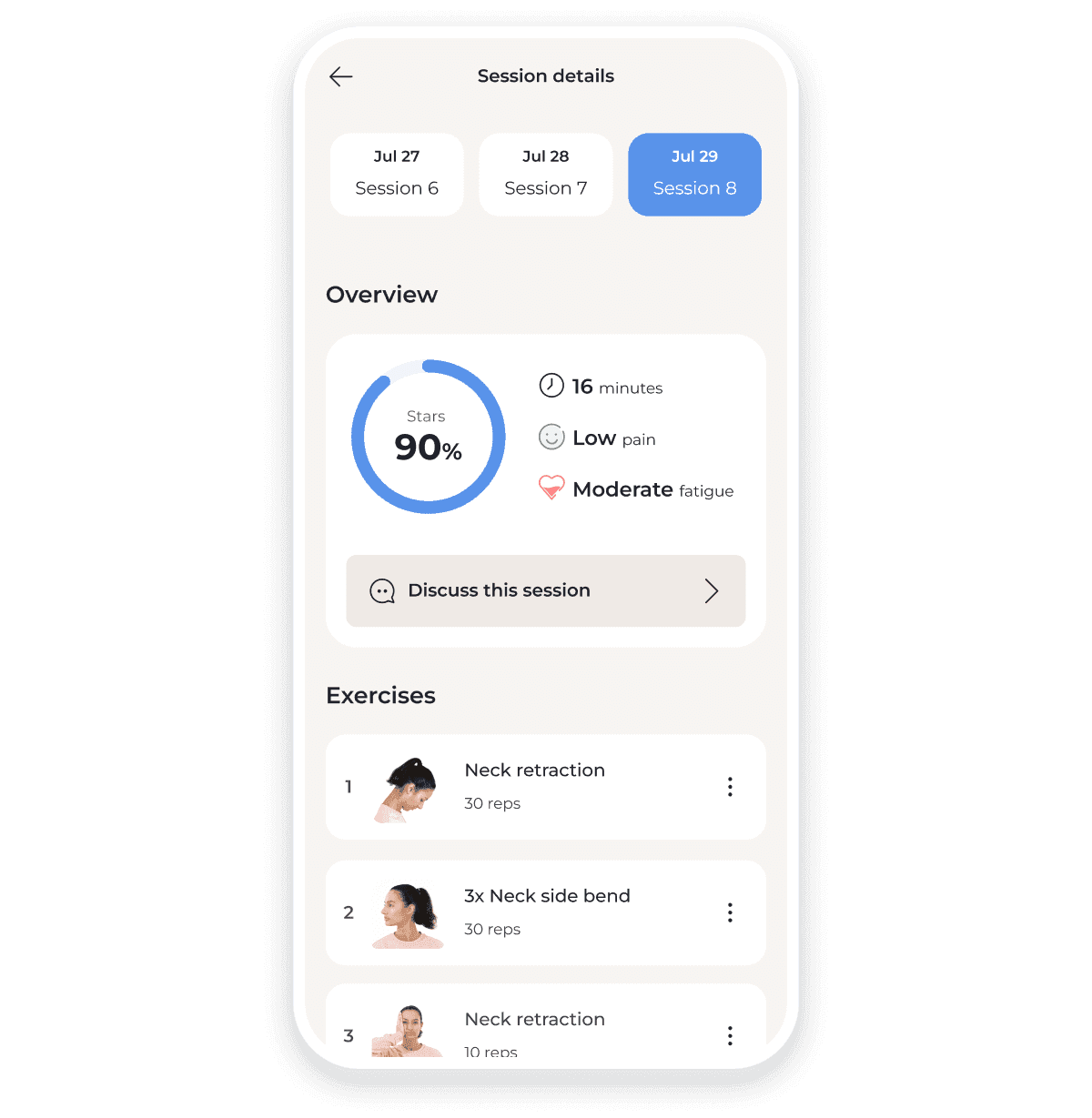 Mobile app screen showing a treatment session overview, including progress and a list of guided exercises.