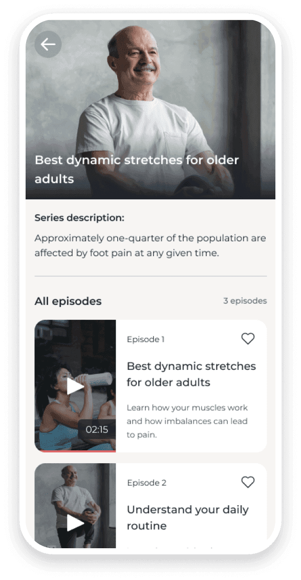 Mobile app screen showing educational videos and exercise updates for a personalized care program.